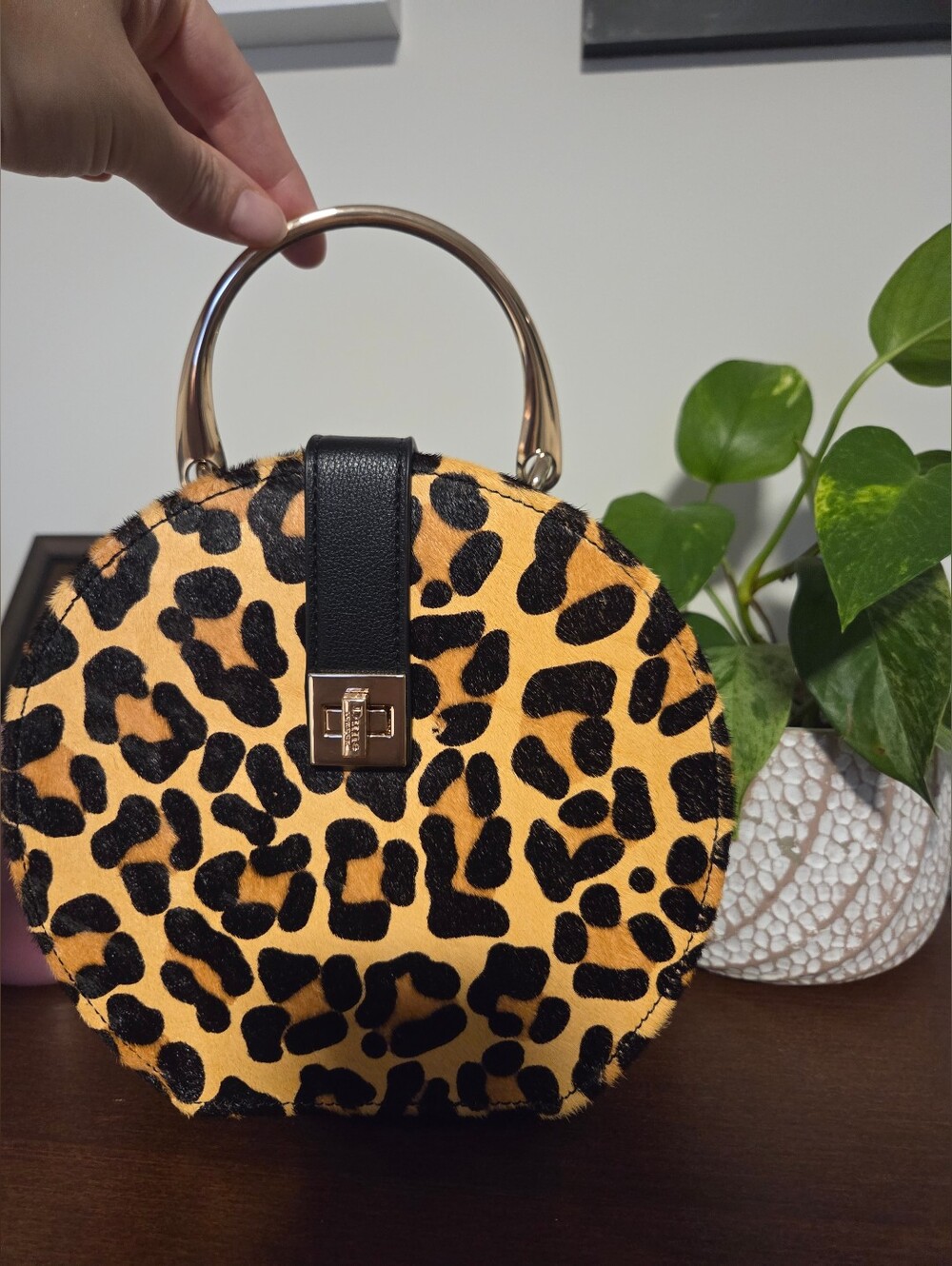 New Dune London Leather Leopard Print Round Top-Handle Bag - Black & Gold Accent